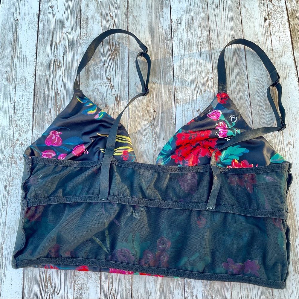 Satin and Fine Mesh Black Bralette Tropical Floral Print Longline Crop Small GUC - Picture 8 of 10